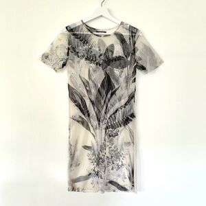 Osklen sheer botanical photographic print short sleeve mesh cream black dress
